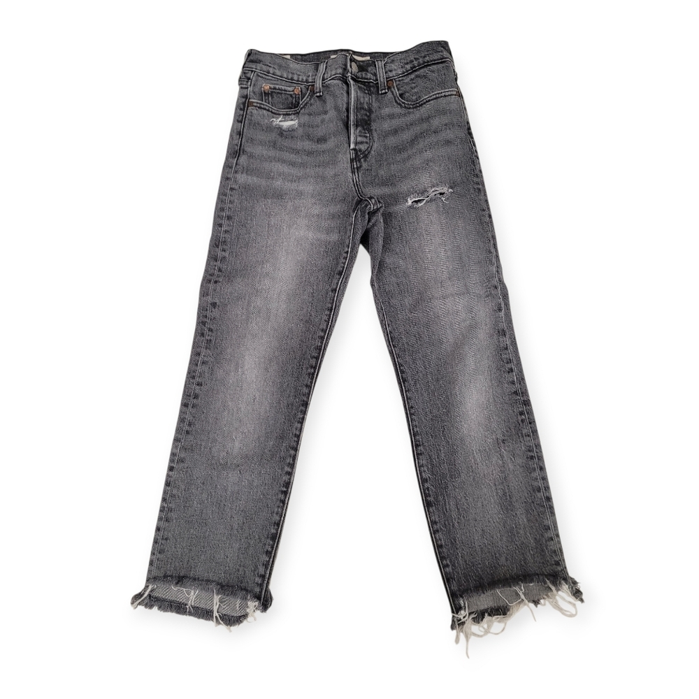Levi's Wedgie Straight Cropped Raw Hem Distressed Denim Jeans Gray 26
